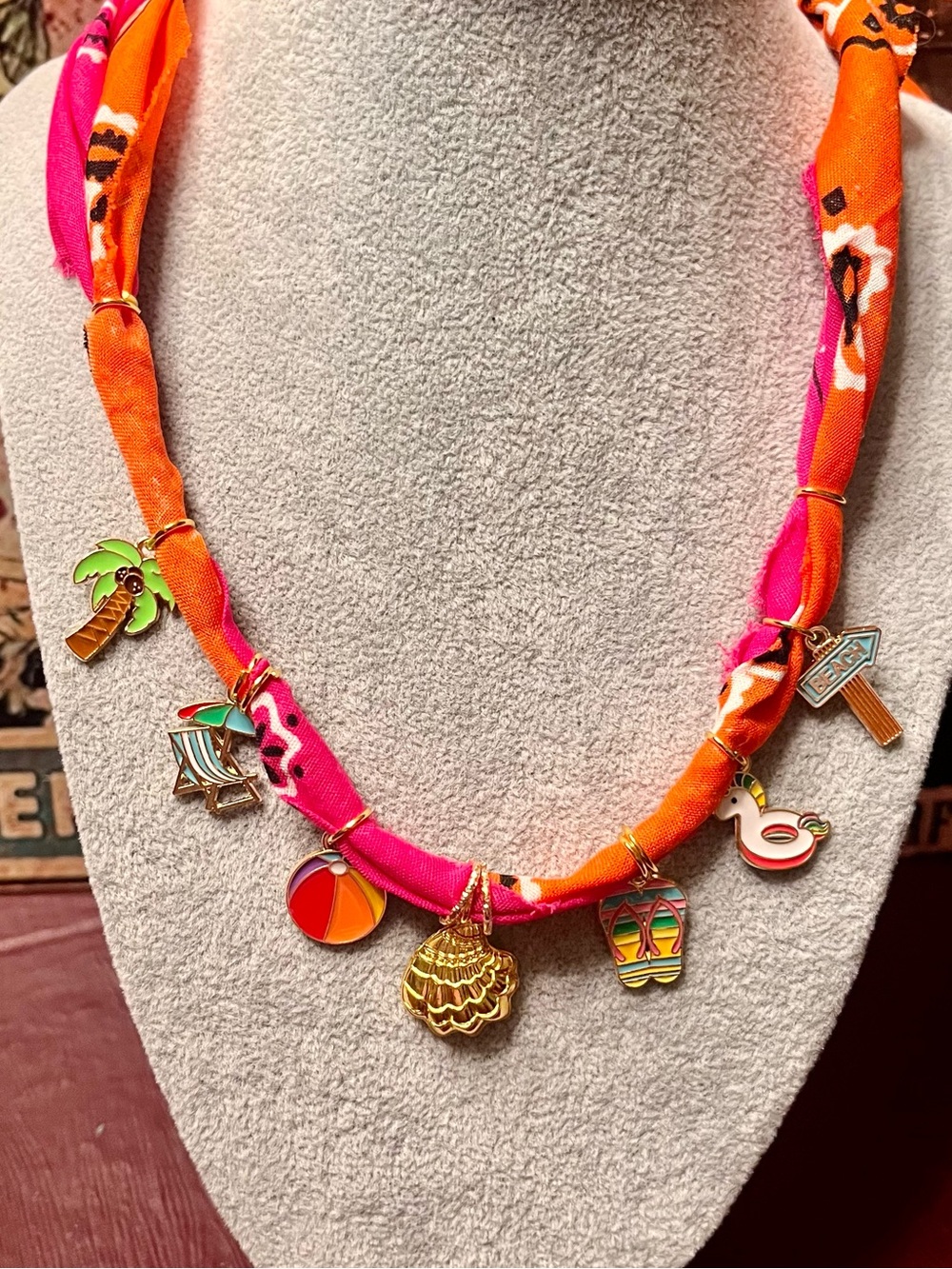 Tropical Twisted Double Bandana Beach Charm Necklace in Pink & Orange, 29”